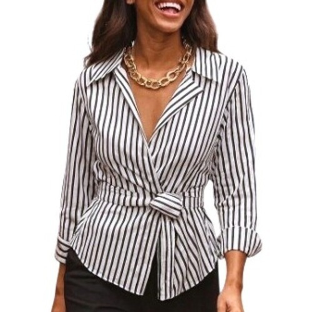 FRAME Noir Multi Stripe Black White Draped Wrap Blouse Wide Long Sleeve S
